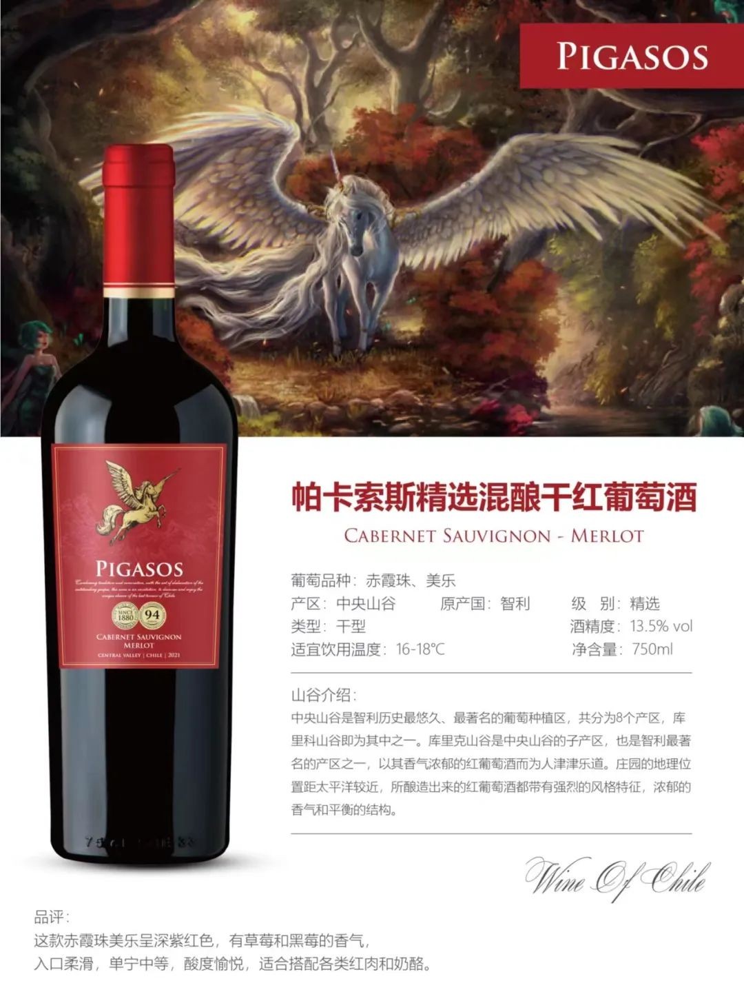 智利中央山谷PIGASOS飞马酒庄-精选梅洛、赤霞珠干红葡萄酒